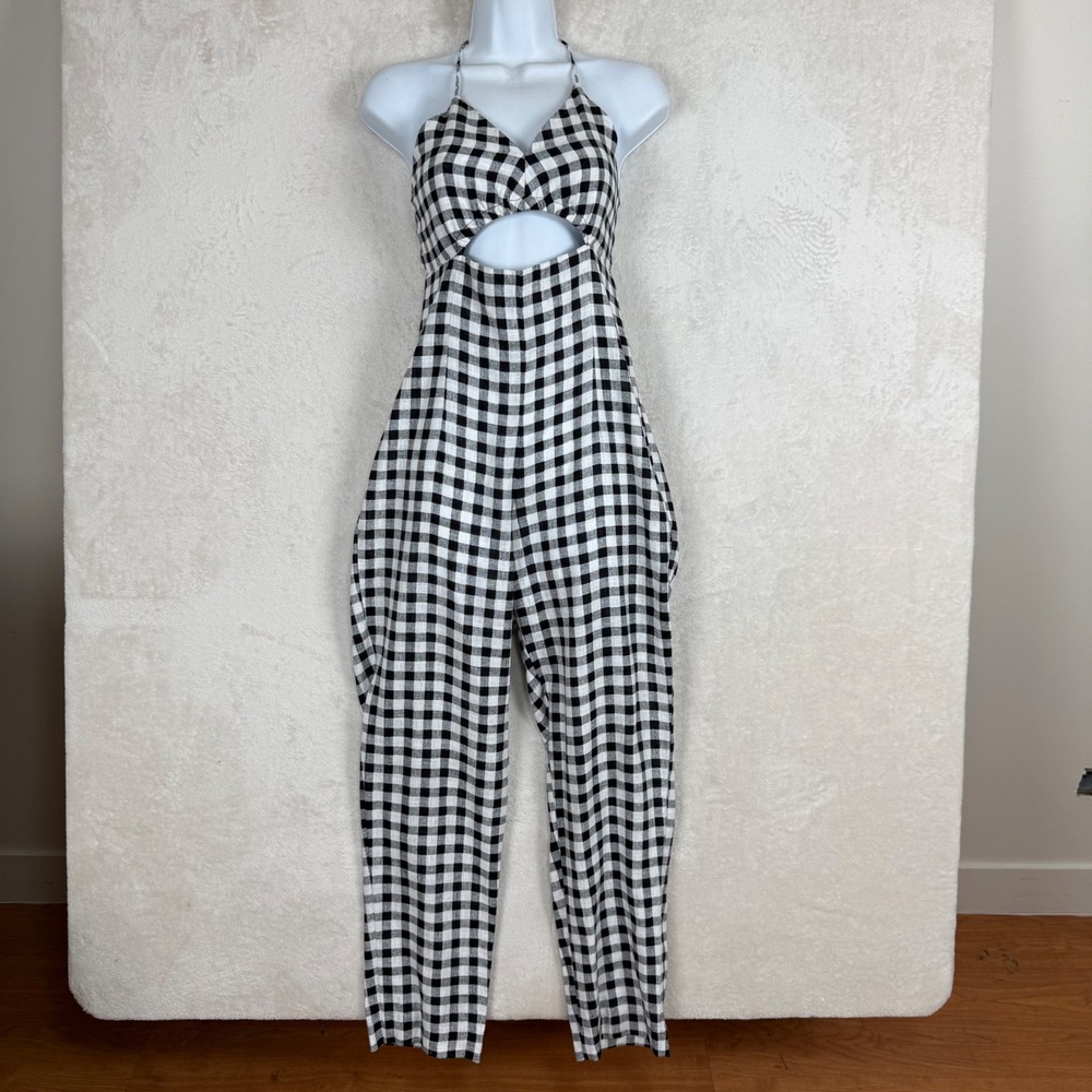 Zara Womens Small Black White Gingham Halter Cutout Linen Blend Jumpsuit Small